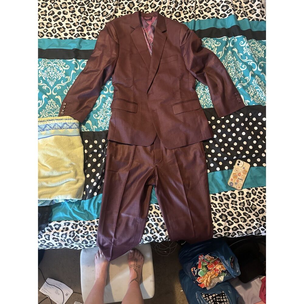 Lord & Taylor Men Bespoke 2-Piece Suit Maroon Burgundy Iridescent Lining 36W